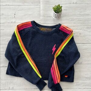 Aviator Nation Blue and Pink Cropped Hoodie with Colorful Stripes